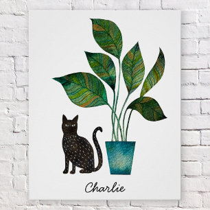 Poster Chat avec aquarelle Plante pointillé Personnalisé