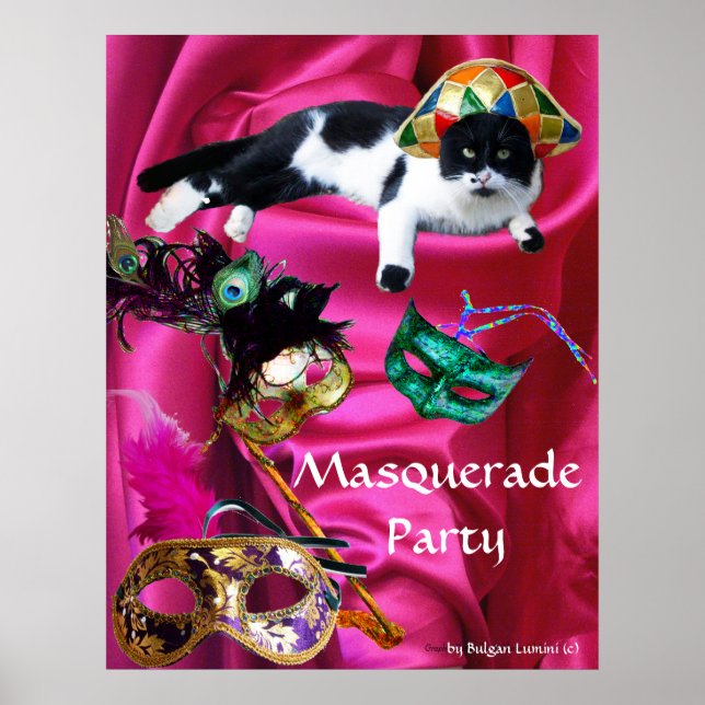 POSTER CHAT AVEC CASQUETTE HARLEQUIN ET MASQUERADE DE FÊT (Devant)
