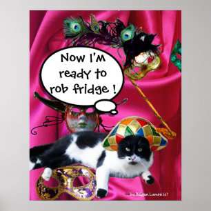 POSTER CHAT AVEC CASQUETTE HARLEQUIN ET MASQUERADE DE FÊT