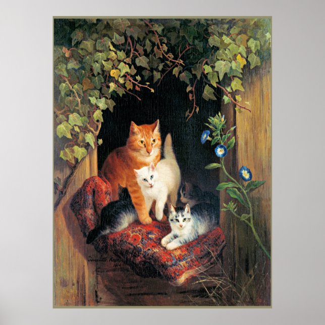Poster Chat avec chatons, peinture d'art, (Devant)