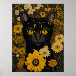 Poster Chat avec de grands yeux devant les fleurs