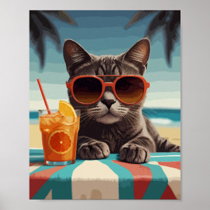 Poster Chat avec jus d'orange sur la plage