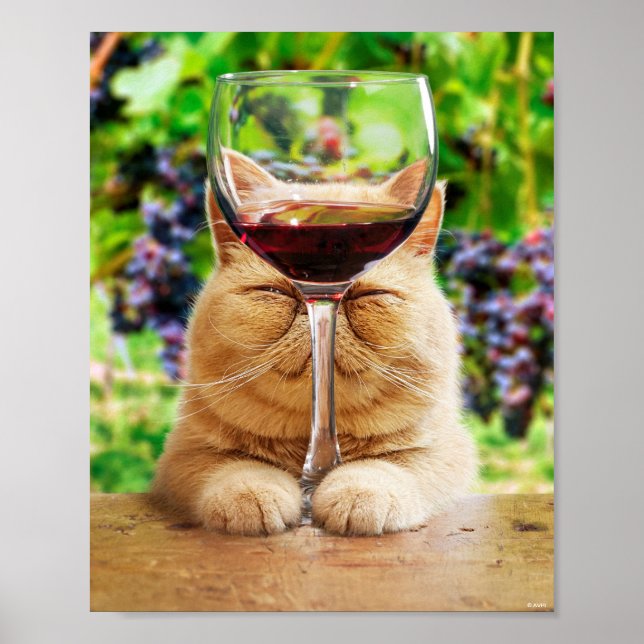 Poster Chat avec verre de vin (Devant)