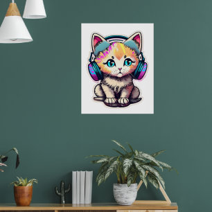 Poster Chat bébé mignon avec casque