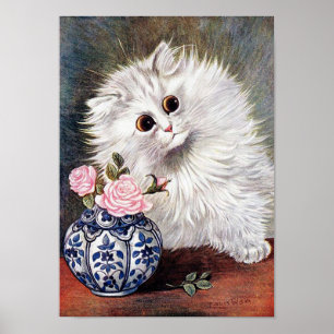 Poster Chat blanc aux roses roses, Louis Wain
