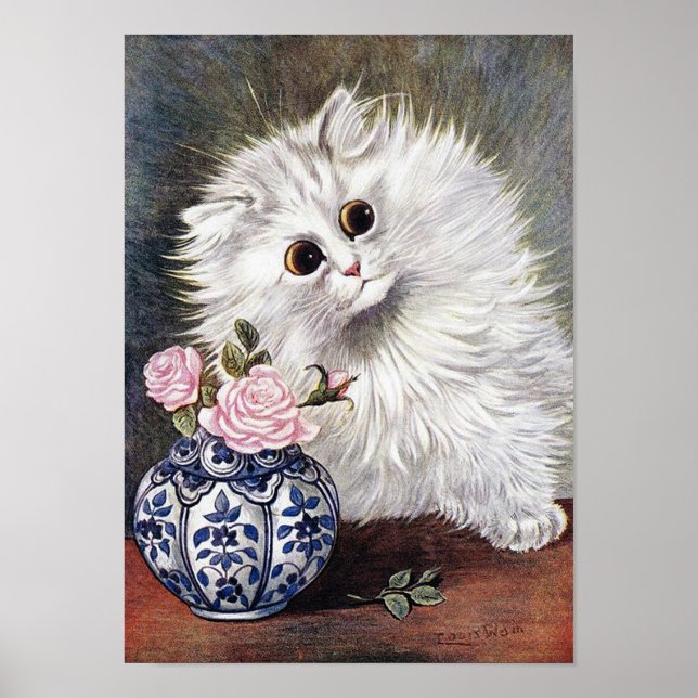Poster Chat blanc aux roses roses, Louis Wain (Devant)