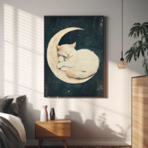 Chat blanc couché sur Crescent Moon - Dreamnight