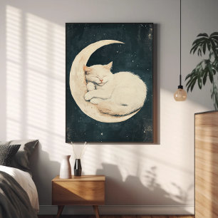 Poster Chat blanc couché sur Crescent Moon - Dreamnight