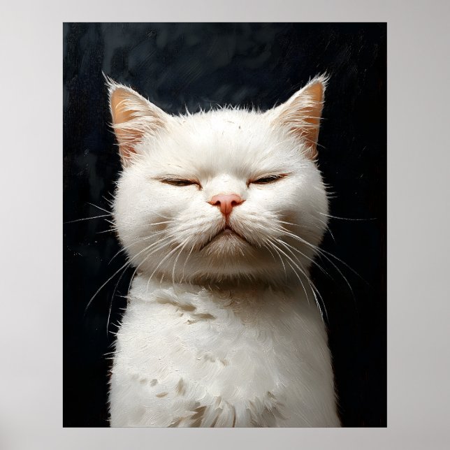 Poster Chat Blanc Drôle avec Attitude, Pas Impressionné – (Devant)
