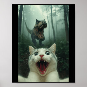 Poster Chat blanc drôle selfie avec T-rex dinosaure, chat