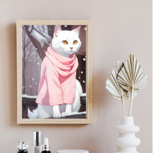 Poster Chat blanc en tenue rose automne hiver Manga Wall