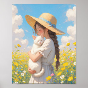 Poster Chat Blanc et Fille Anime