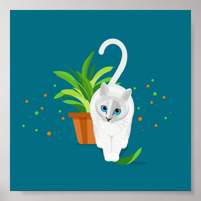 Poster Chat blanc géométrique passant devant un pot plant (Devant)
