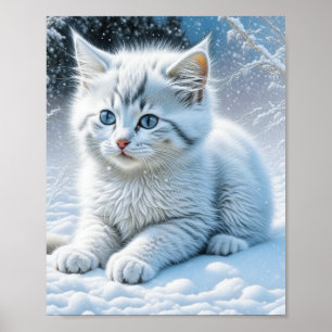 Poster Chat blanc mignon jouant dans la neige