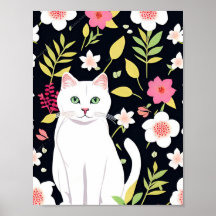 Chat blanc souriant au milieu des fleurs sans cout