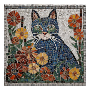Poster Chat Bleu avec Fleurs mosaïque Carrelée