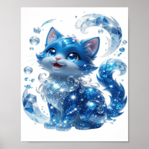 Poster Chat bleu élégant avec diamants et étoiles