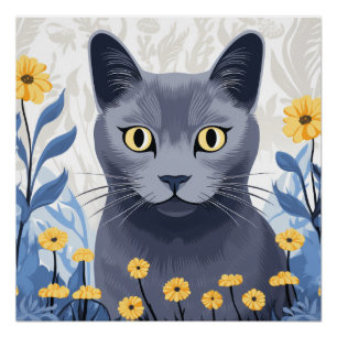 Poster Chat Bleu Russe Fleurs Jaunes