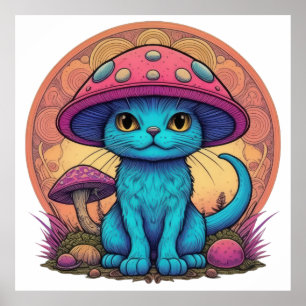 Poster Chat bleu sous Casquette de champignon