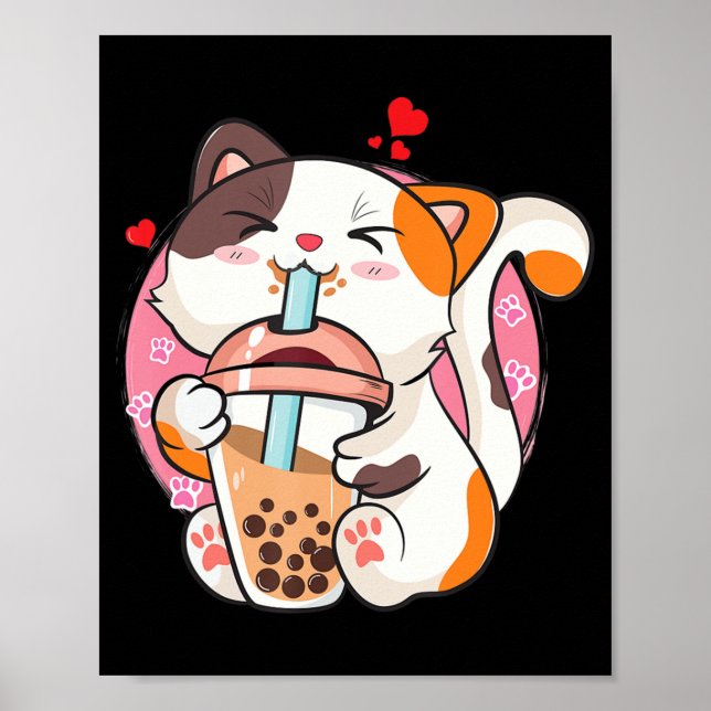 Poster Chat Boba Tea Bubble Tea Anime Kawaii Neko Kids Te (Devant)