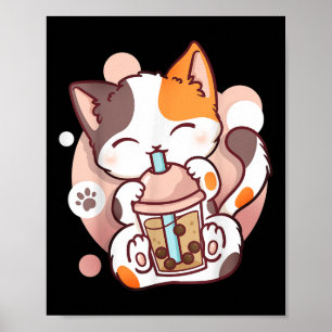 Poster Chat Boba Tea Buble Tea Anime Kawaii Neko