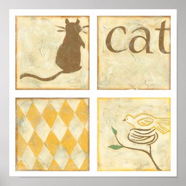 Poster Chat Brown et oiseau jaune par Chariklia Zarris (Devant)
