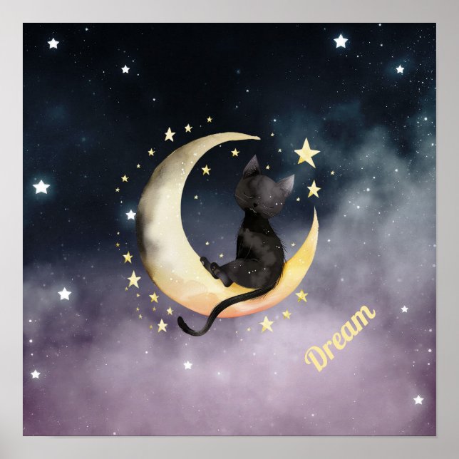 Poster Chat caricature mignon sur la lune (Devant)