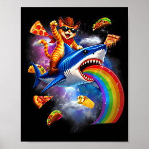 Poster Chat chevauchant requin arc-en-ciel pizza taco gal