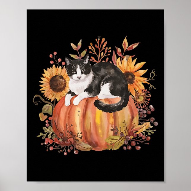 Poster Chat Citrouille Automne Tuxedo Sunflower Thanksgiv (Devant)