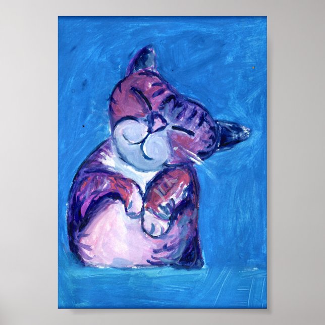 Poster Chat confortable peint Kitty mignon Feline Fun Blu (Devant)