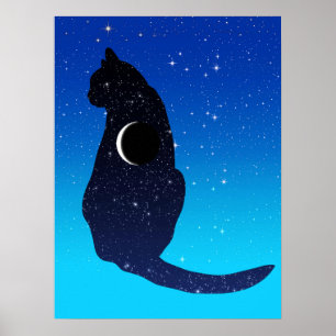 Poster Chat cosmique en étoiles et Motif de lune de crois