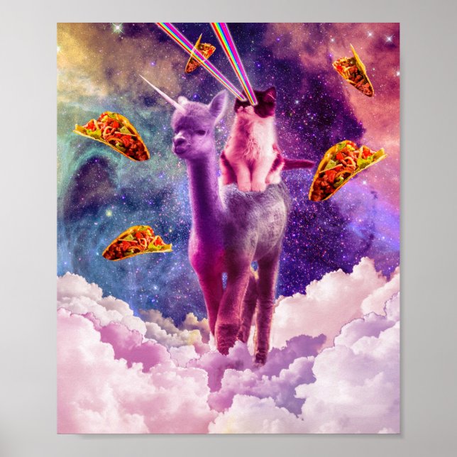 Poster Chat cosmique équitation Alpaca Unicorn (Devant)