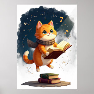 Poster Chat cosmique vermisseau lisant dans l'espace livr