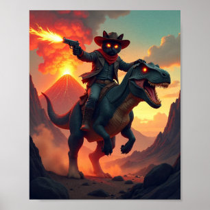 Poster Chat Cowboy Épique Chevauchant un Dinosaure   Fant