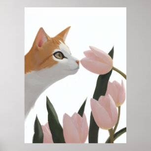 Poster Chat Curieux Floral de Printemps