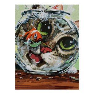 Poster Chat Curieux & Poisson Rouge Prudent