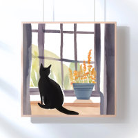 Chat dans le rebord Windows | Aquarelle Silhouette