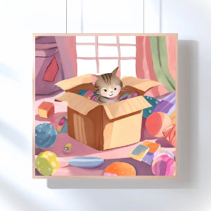 Poster Chat dans une boîte en carton Chaton Chat à l'aq