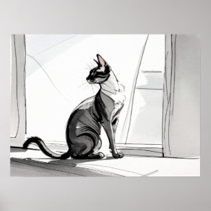 Poster Chat d'art minimaliste élégant se chauffant au sol