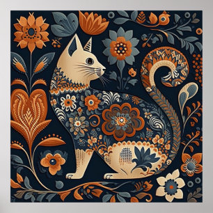 Poster Chat d'art populaire avec des fleurs orange et ble