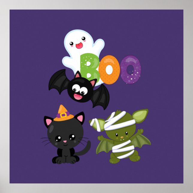 Poster Chat de Cute Halloween, bat, mummy et ghost (Devant)