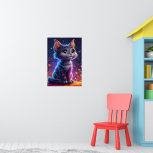 Poster Chat de Dessin Animé Mignon Ciel Étoilé Nuit Rêveu