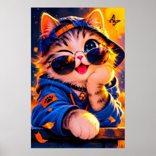 Poster Chat de dessin animé mignon portant des lunettes d