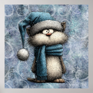 Poster Chat de Noël bleu d'hiver avec chapeau et écharpe