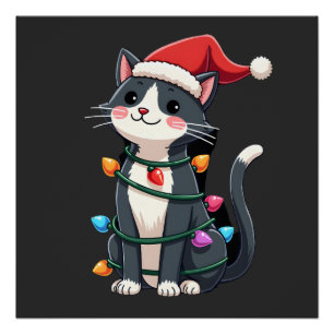 Poster Chat de Noël Smoking chat noir Noël lumières kitty