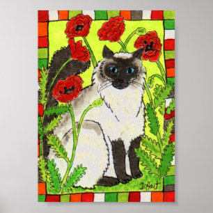 Poster Chat de Siamese avec Poppies Orientales Art folklo