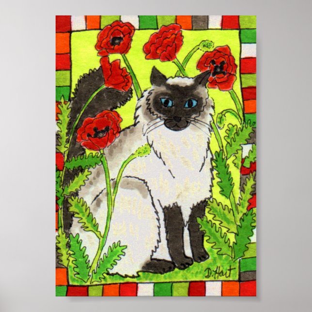 Poster Chat de Siamese avec Poppies Orientales Art folklo (Devant)