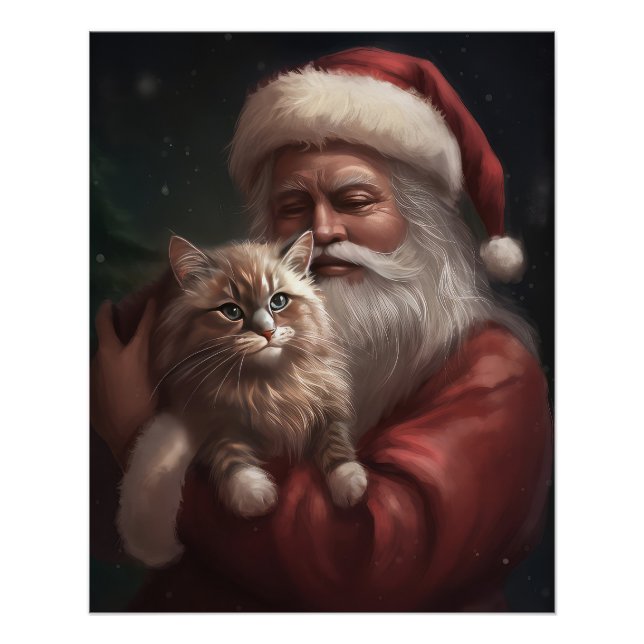 Poster Chat de Sibérie avec Noël Festif du Père Noël (Devant)