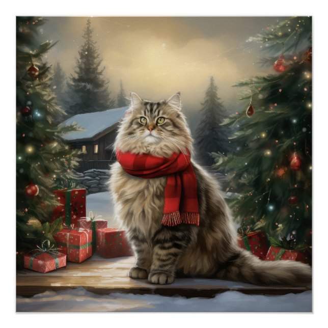 Poster Chat de Sibérie en Noël de Neige (Devant)