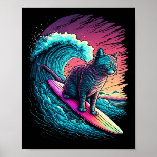 Poster Chat de surf rétro synthwave Vaporwave des années 